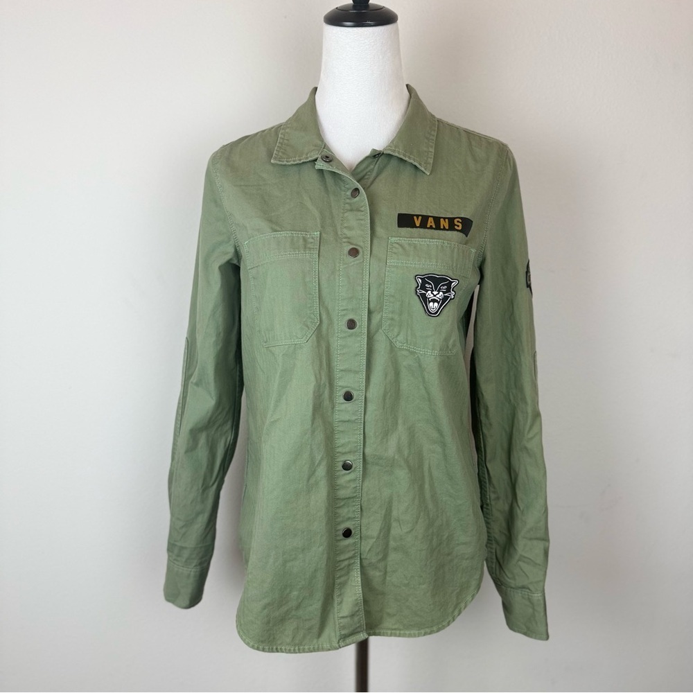 Vans Military Green Utility Shirt Sz S Embroidered Patches 100% Cotton‎